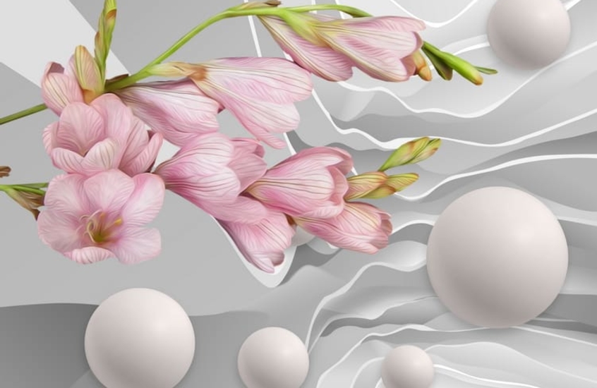 Фотообои 3Д розовые шары и цветы