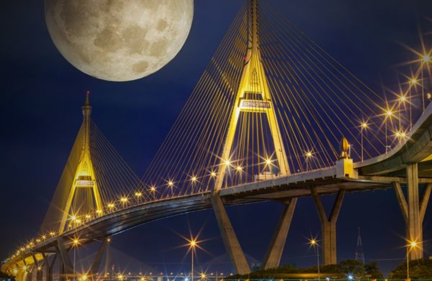 Фотообои Яркая луна над мостом