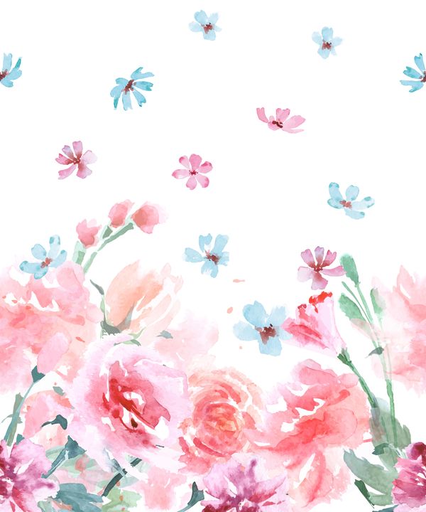 Розовые и голубые цветы на белом фоне