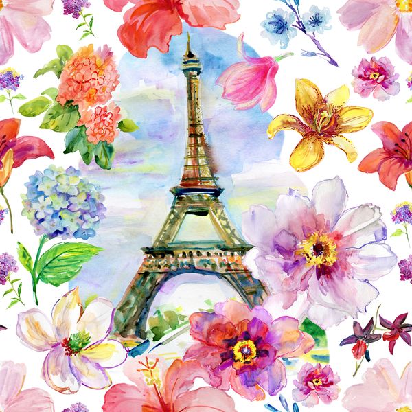 Акварельные цветы и Эйфелева башня