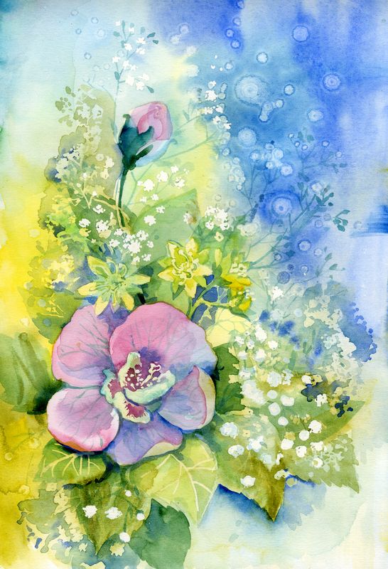 Розовые акварельные цветы на синем фоне