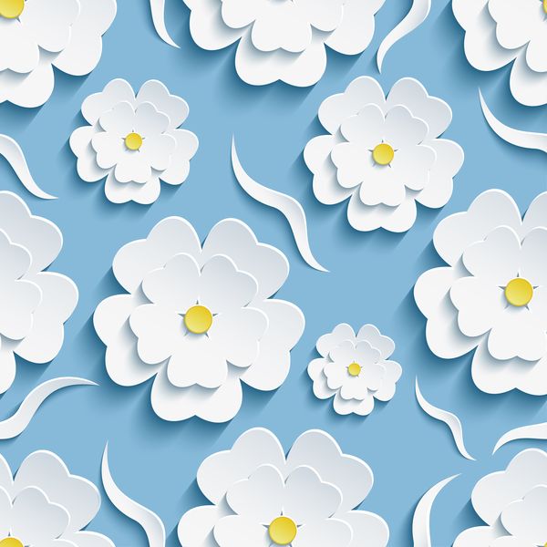 Белые 3Д цветы на голубом фоне