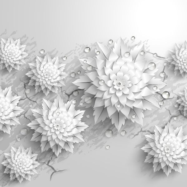 3Д белые цветы с каплями росы