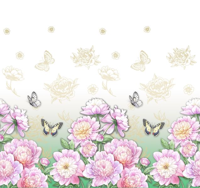 розовые цветы и желтые бабочки