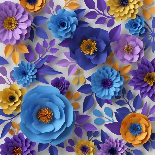 3Д синие и фиолетовые цветы на белом фоне