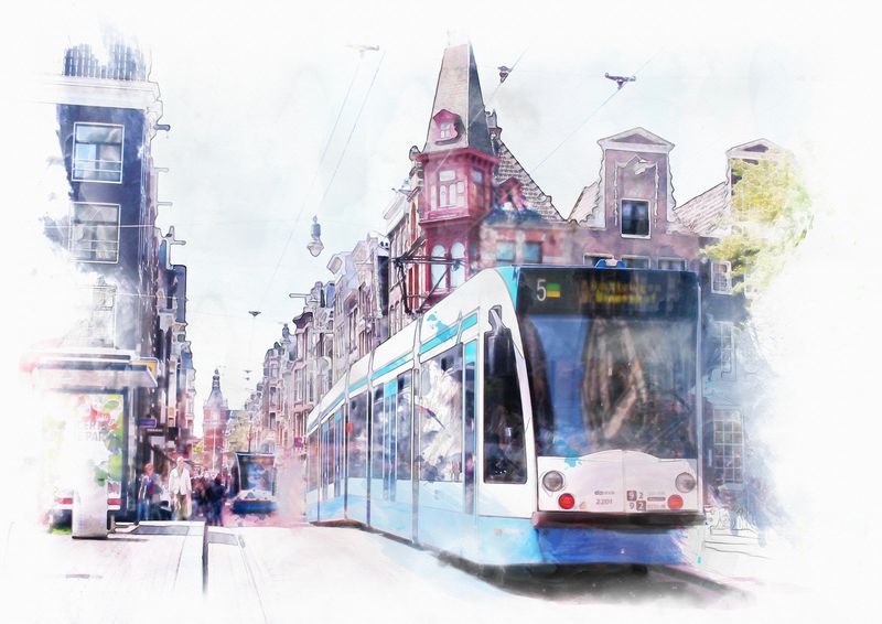 Нарисованный трамвай в городе