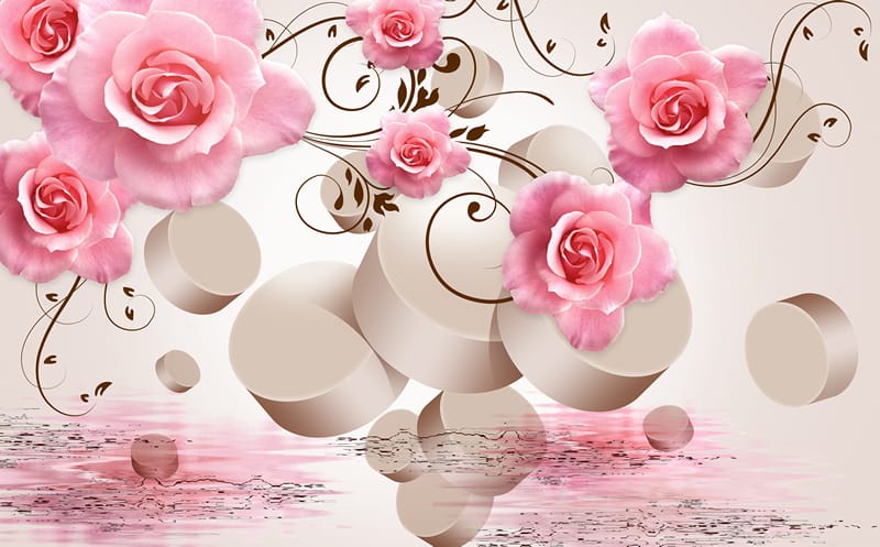 3Д розовые розы и круги