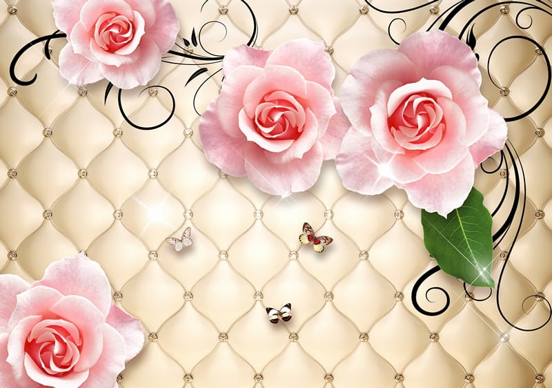 3Д розовые розы и бабочки на золотом фоне
