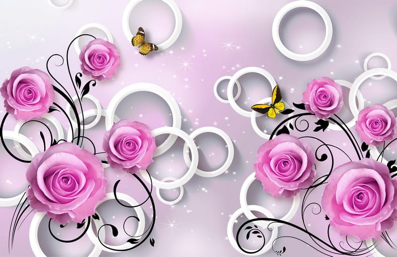 3Д розовые розы и круги с бабочками