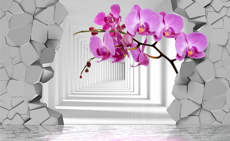 3Д фиолетовые орхидеи на фоне туннеля
