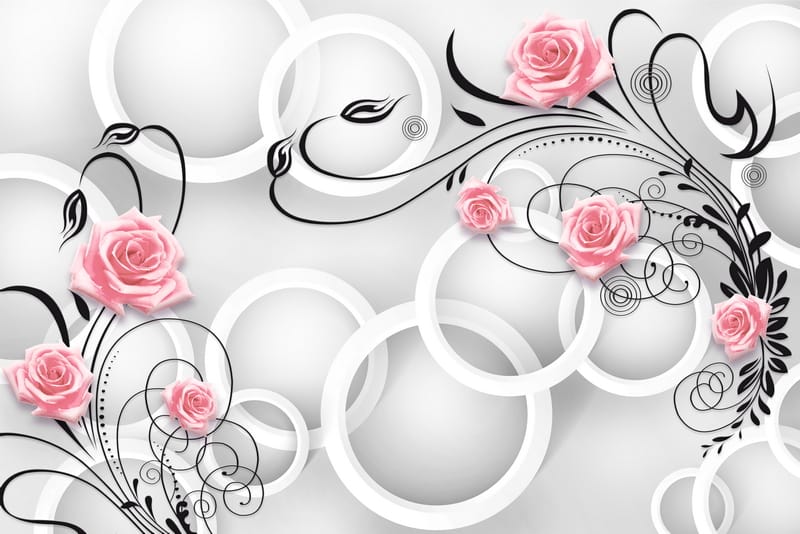 3Д серые круги и розовые розы
