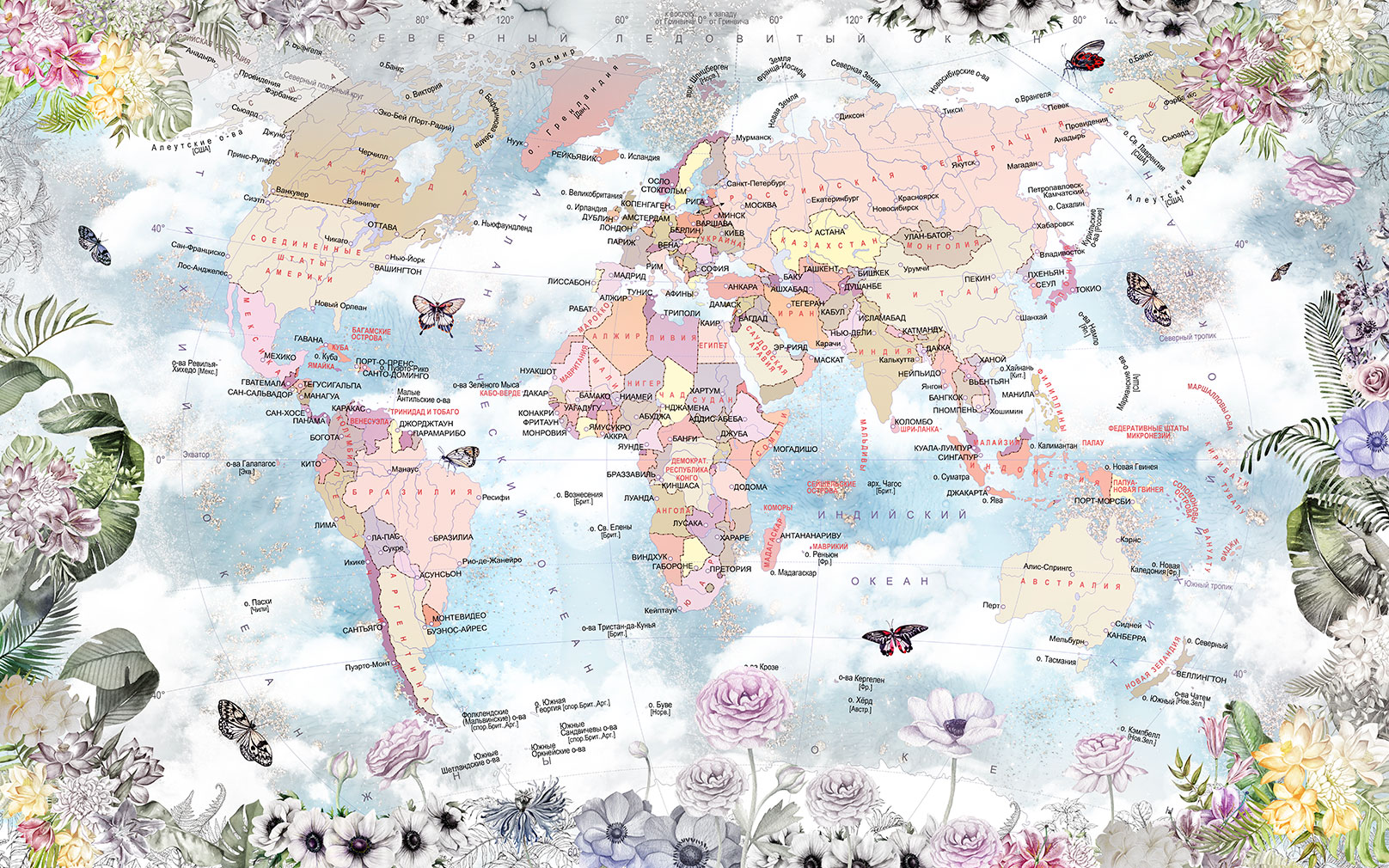 Карта мира и тропические листья
