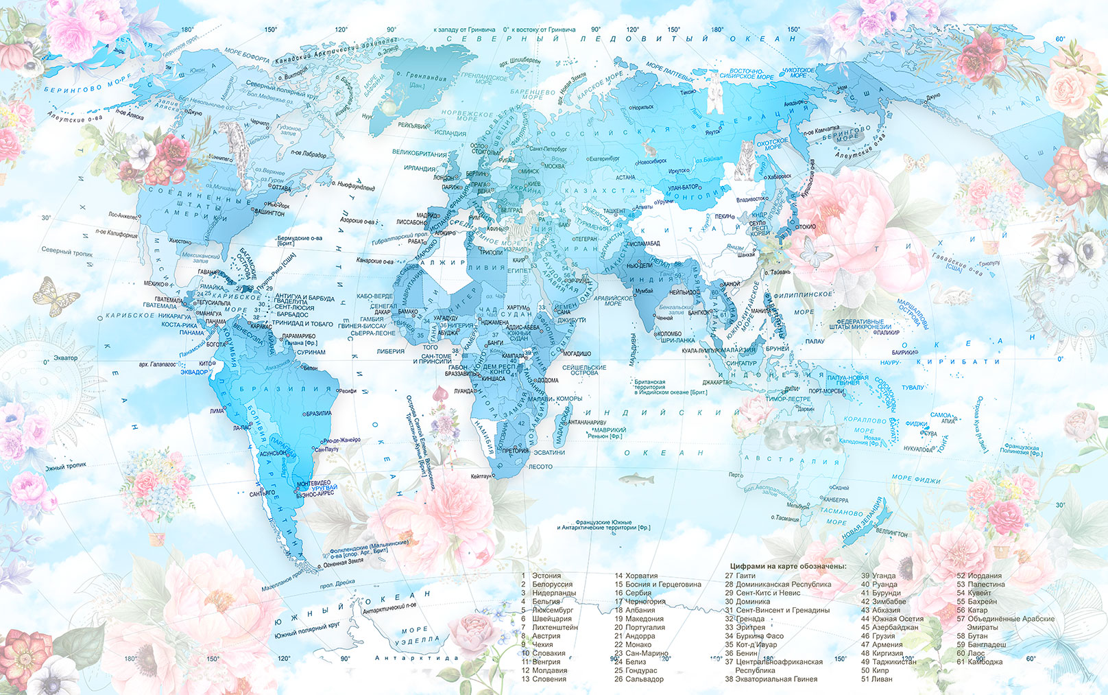 Голубая карта мира и цветы