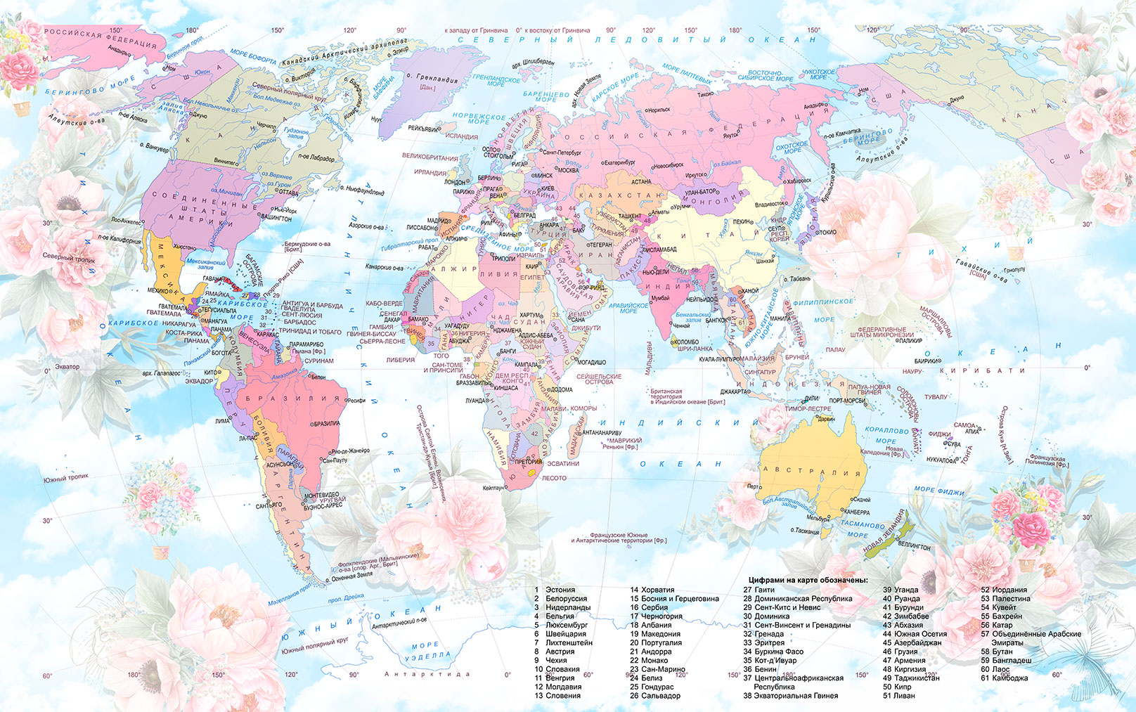 Цветная карта мира и цветы