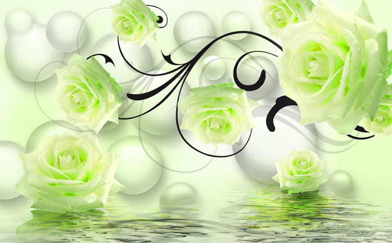 3d зеленые розы и шары над водой