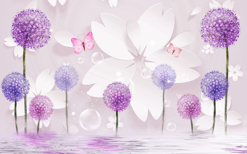 3д фиолетовые одуванчики и цветы с бабочками