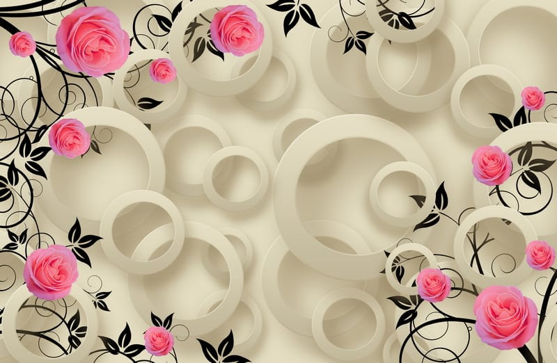 3Д розовые розы и белые круги