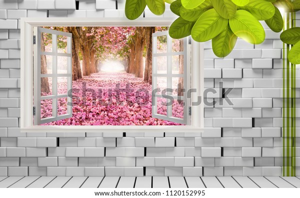 Окно в кирпичной стене с видом на сад