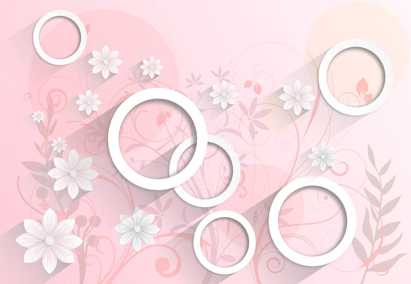 3Д белые круги и цветы на розовом фоне