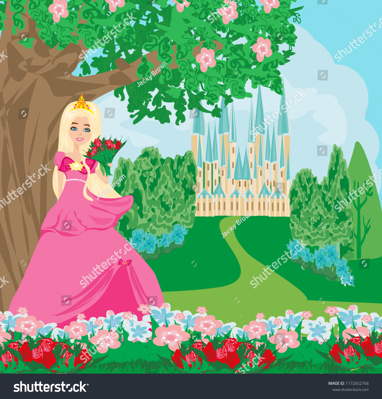 Принцесса в розовом платье с букетом роз