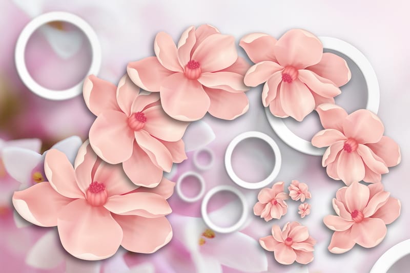 3Д розовые цветы и белые круги