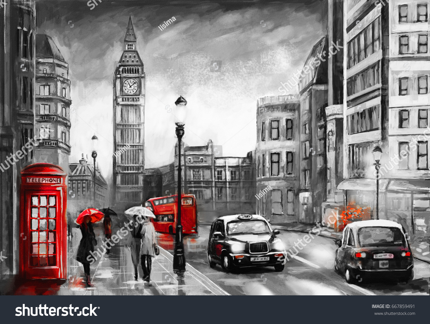 Акварельный Лондон и красный автобус