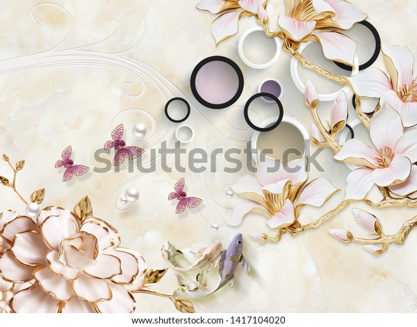 Золотые лилии и розовые бабочки