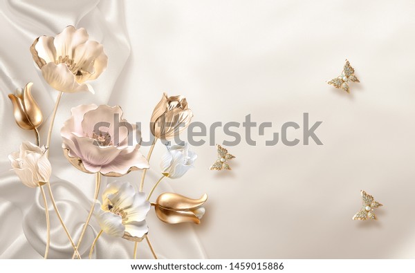 Золотые цветы и бабочки на нежном фоне