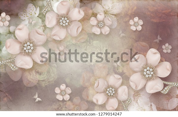 Розовые цветы и бабочки