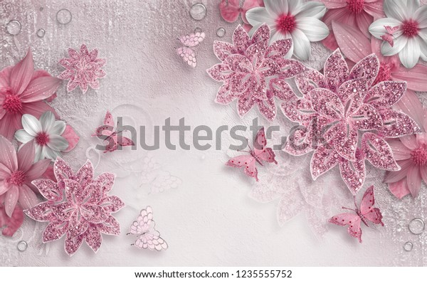 Розовые цветы и бабочки на светлом фоне