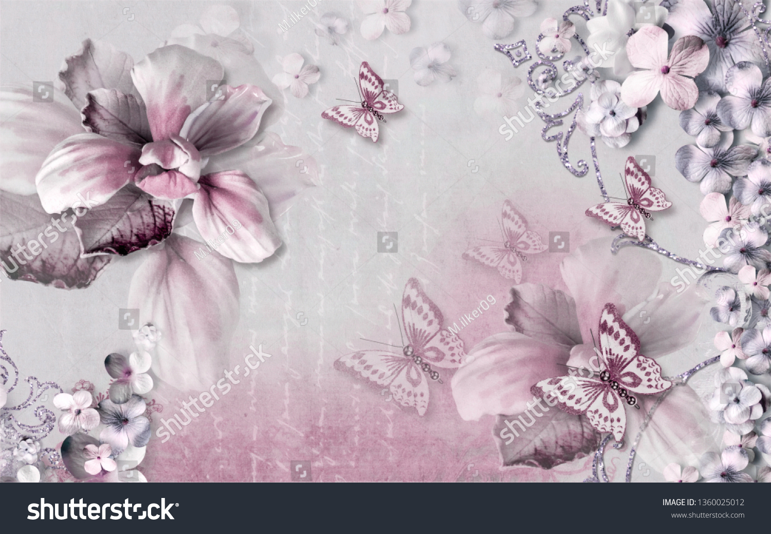 Серые и розовые цветы на фоне бабочек
