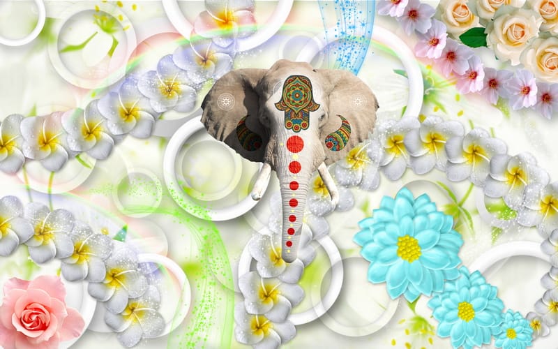 3Д слон и яркие цветы