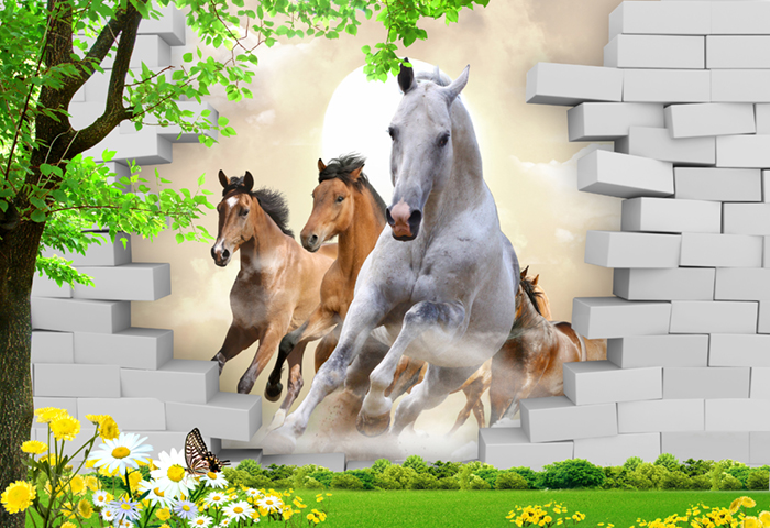Тройка лошадей пробивает кирпичную стену