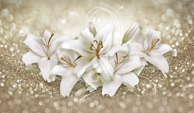 3Д красивые белые лилии и кристаллы