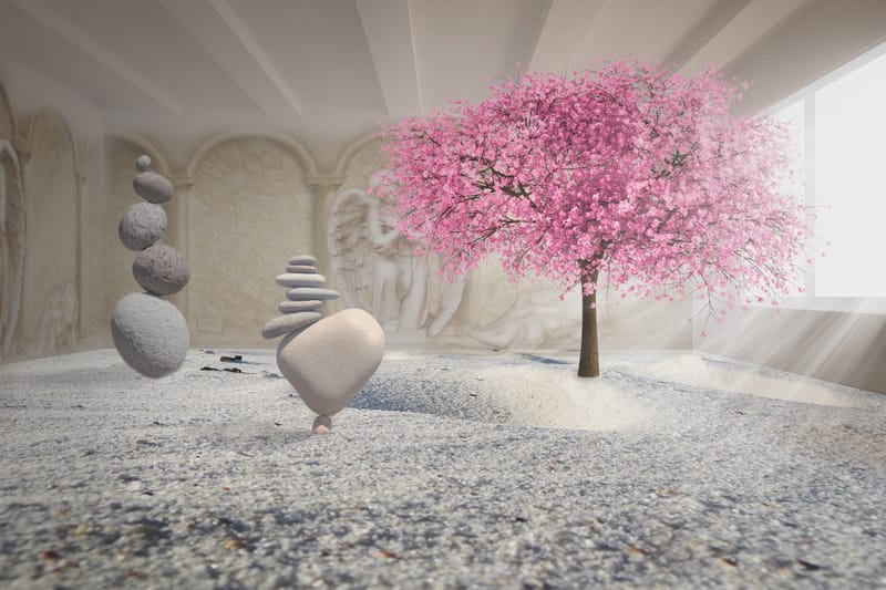 3Д розовое дерево и камни в комнате