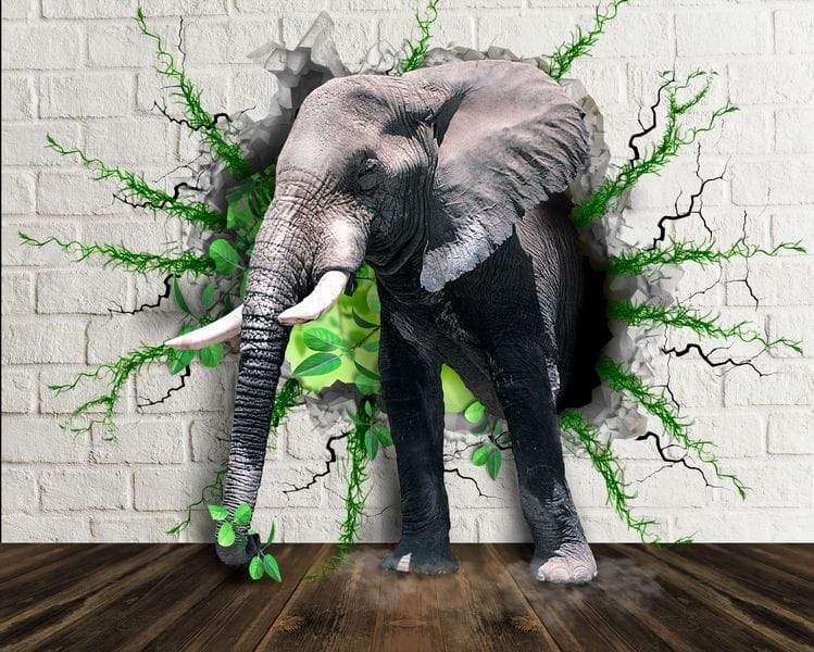 3Д слон и листья из стены