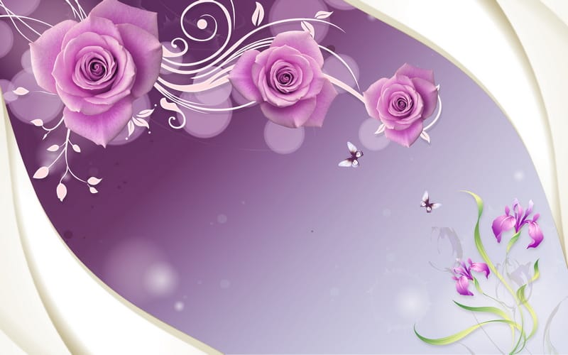 Сиреневые 3Д розы на фиолетовом фоне