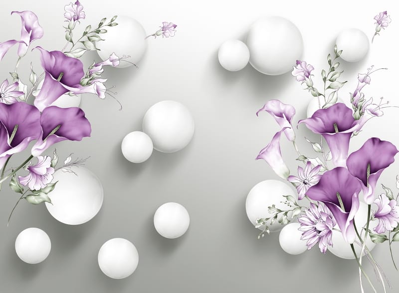 Сиреневые цветы и белые шары на сером фоне