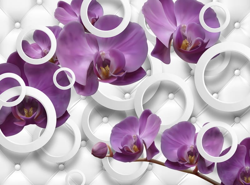 3Д фиолетовые орхидеи и круги на ткани
