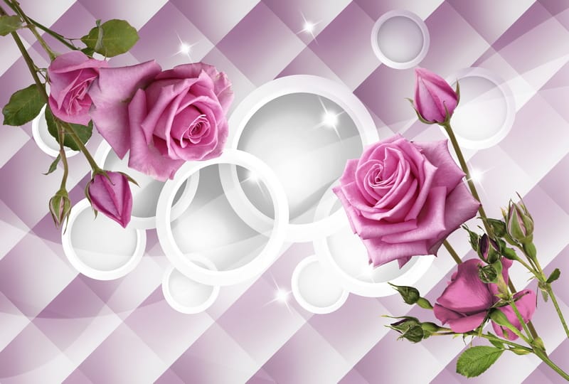 3Д розовые розы и сиреневые круги