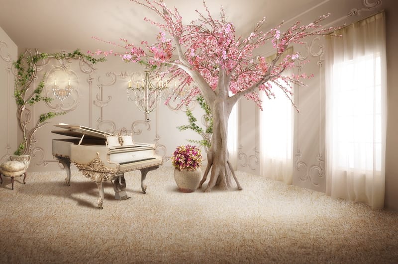 3Д рояль и дерево сакуры в большом зале
