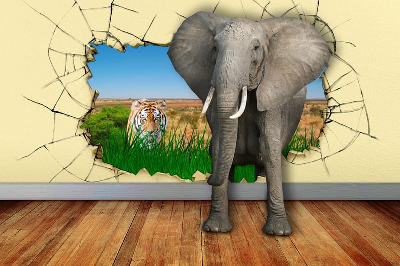 3Д слон выходит из стены