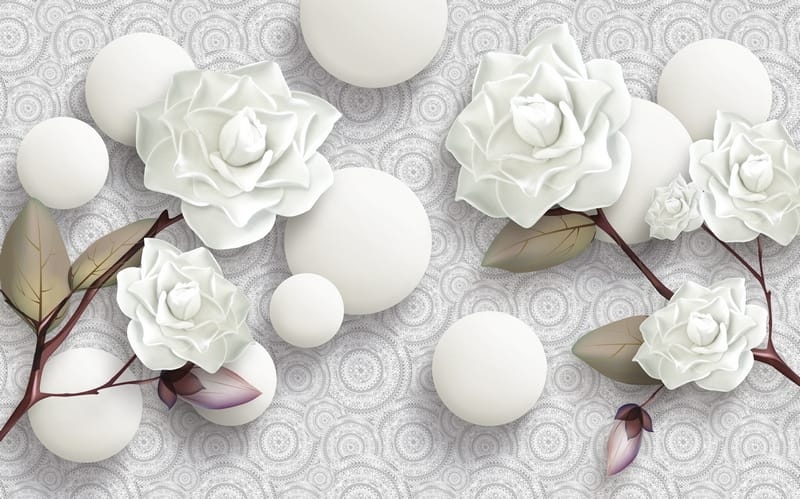 3Д белые розы и шары на ажурном фоне